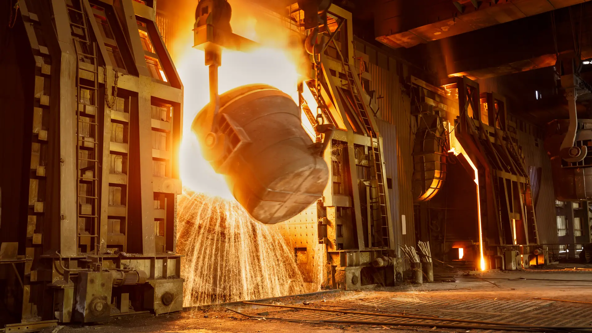 Molten metal being poured in a steel plant